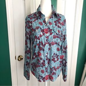 Telluride Blue/red print snap button down …